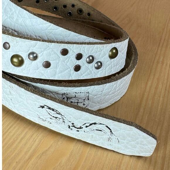 VTG Y2K Ed Hardy Womens Belt White Leather Studded Thin Handmade Grunge Large - Picture 2 of 7